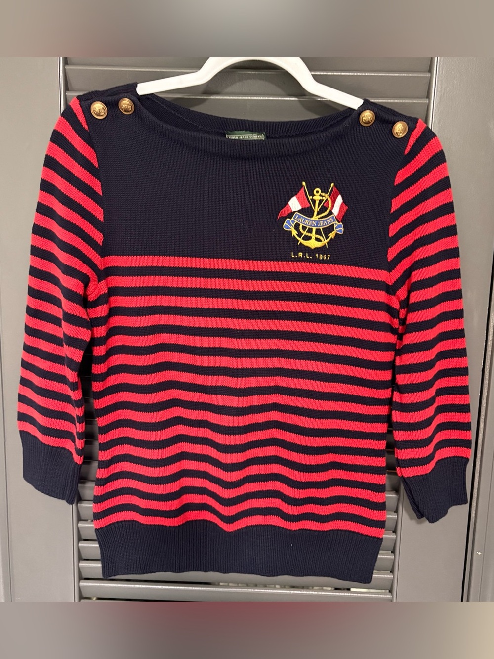 Vintage Ralph Lauren Cotton Navy & Red Striped Crew Sweater with Nautical Emblem
